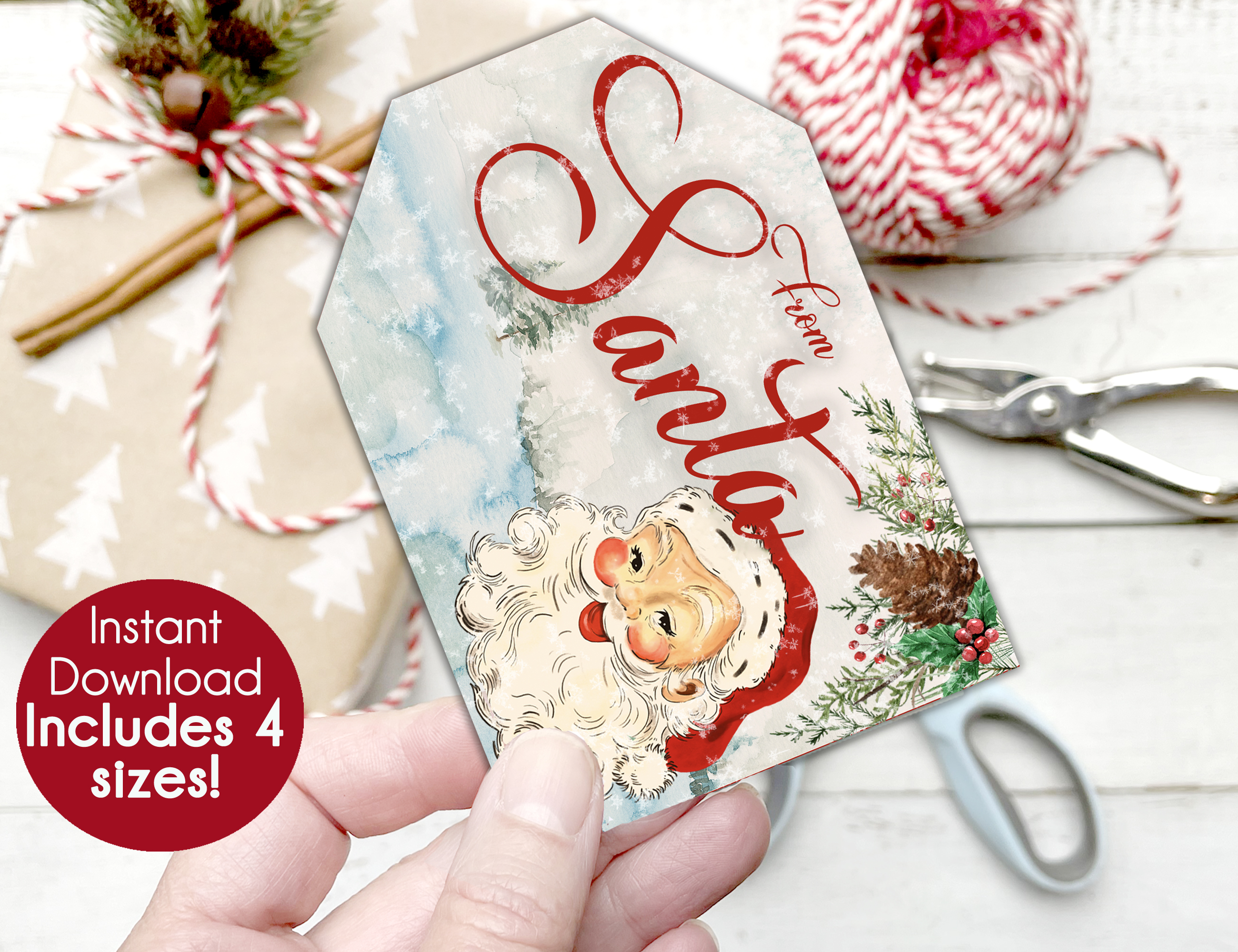 DIY Santa gift tag to make when you buy the digital file and print the tag at home. The tag  has a vintage Santa with a snowy background. 